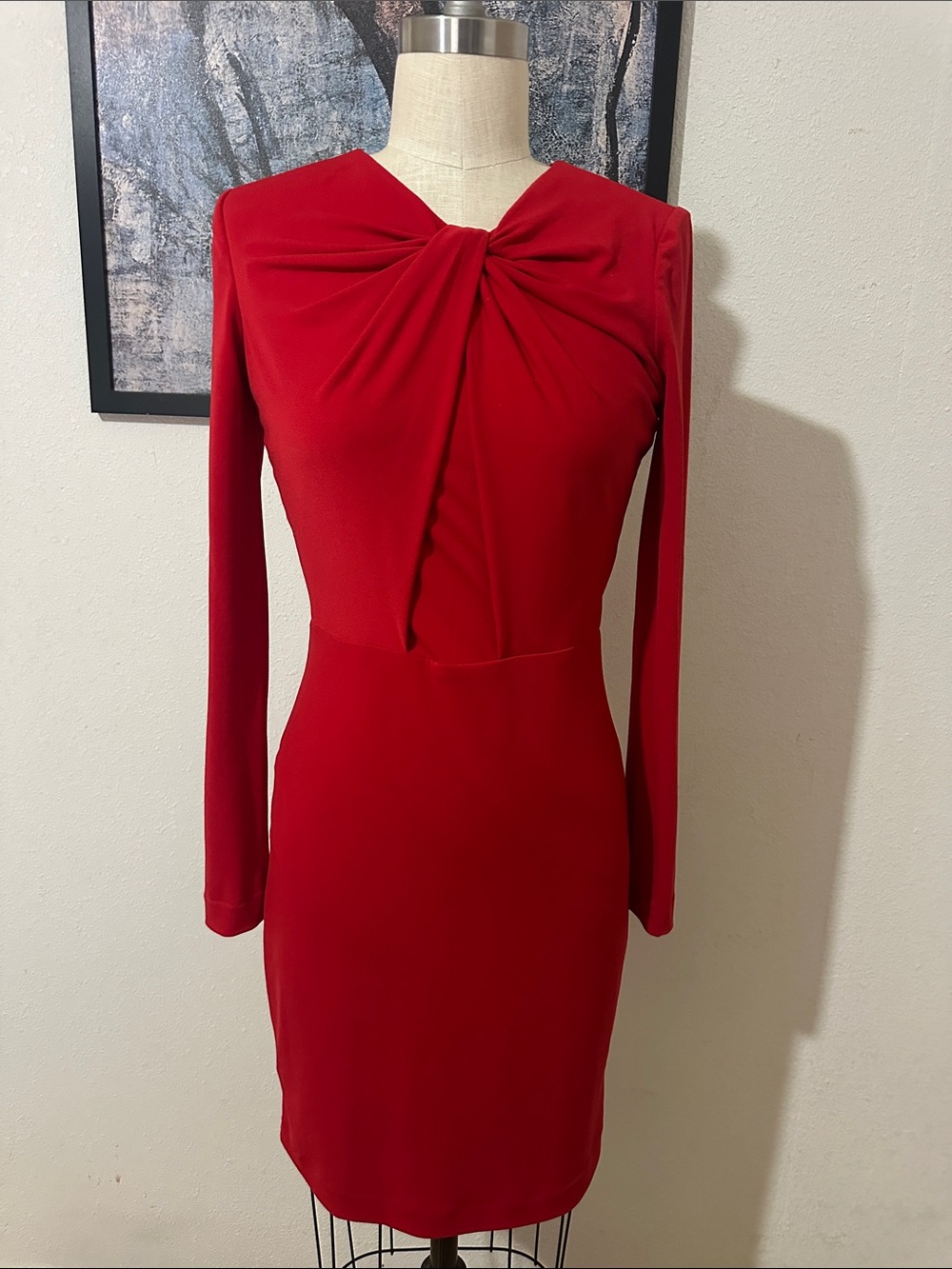 Badgley Mischka Red Long-Sleeve Twist-Front Sheath Dress
